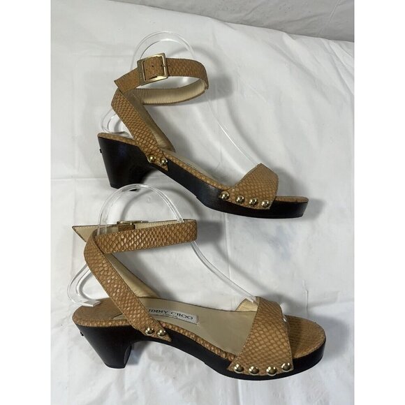 Authentic JIMMY CHOO Leather Snake Embossed Tan and Brown Wood heel size 37 - Picture 5 of 15